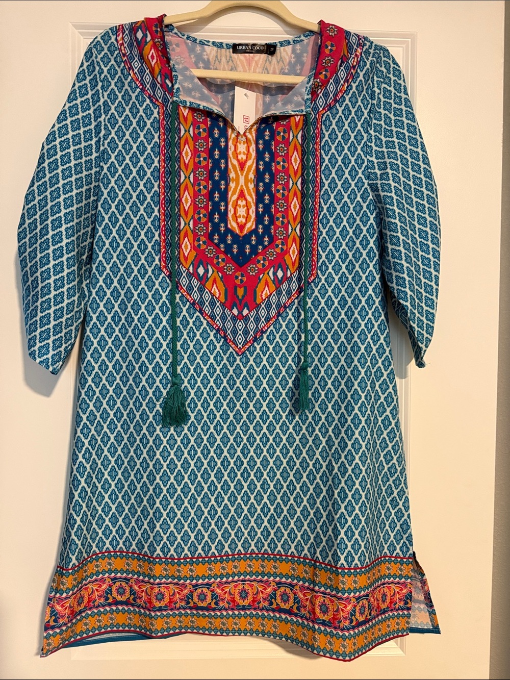 NWT Beachy Blue Patterned Midi Sun Dress with Colorful Embroidered Yoke